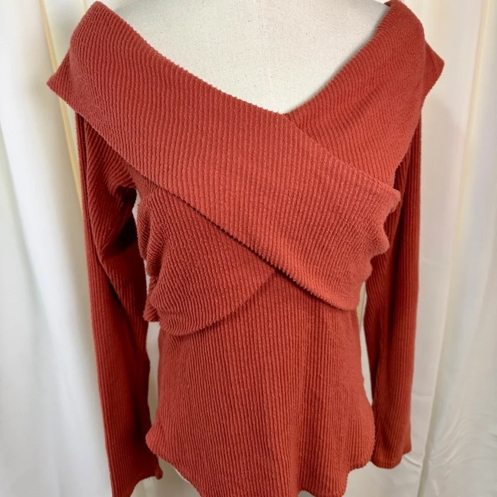 Free People ‘Marley’ Off-The-Shoulder Rib Top in “Warm Stone” Orange Size Large